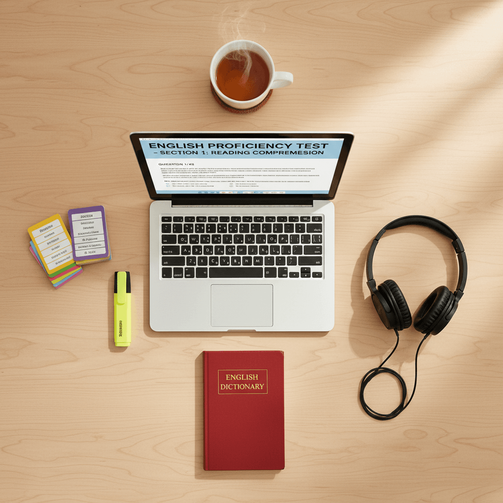 Overhead view of organized student desk with laptop, flashcards, dictionary, headphones, and tea for test preparation study